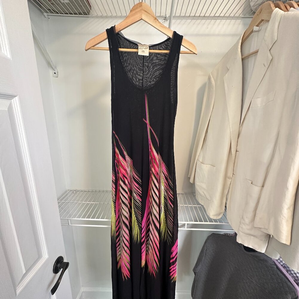 FUZZI black and pink sundress maxi silhouette, graphic pink feather print. XL